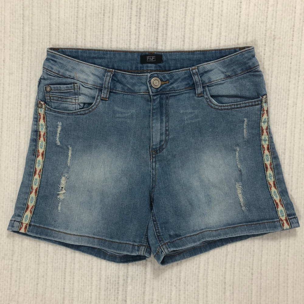 F&F‎ Blue Denim Shorts Embroidered Side Tape Distressed Womens Size 12 EUR 40